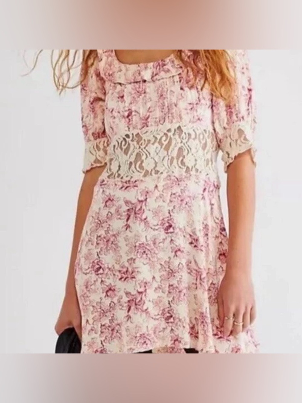 Free People lucid Cream and Pink Floral Lace Mini Dress size 6